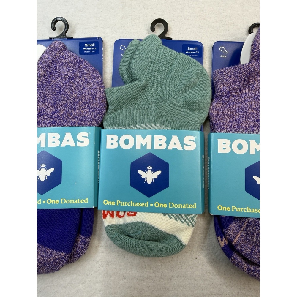 3 Pairs Bombas Marls & Tri-block Ankle Socks Violet Green Women's Small 4-7.5 - Picture 3 of 9